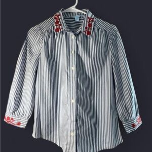 Draper James Blue Striped Kids Shirt with Red Floral Embroidery
